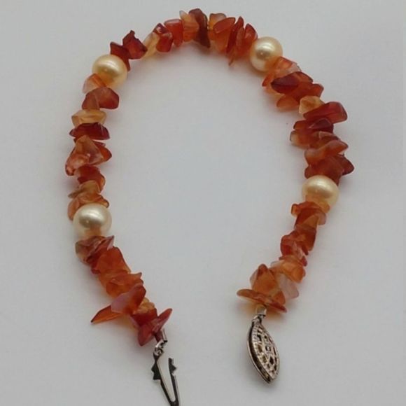 Vintage Sterling Silver Carnelian Pearl Bracelet 1403 - Picture 1 of 8